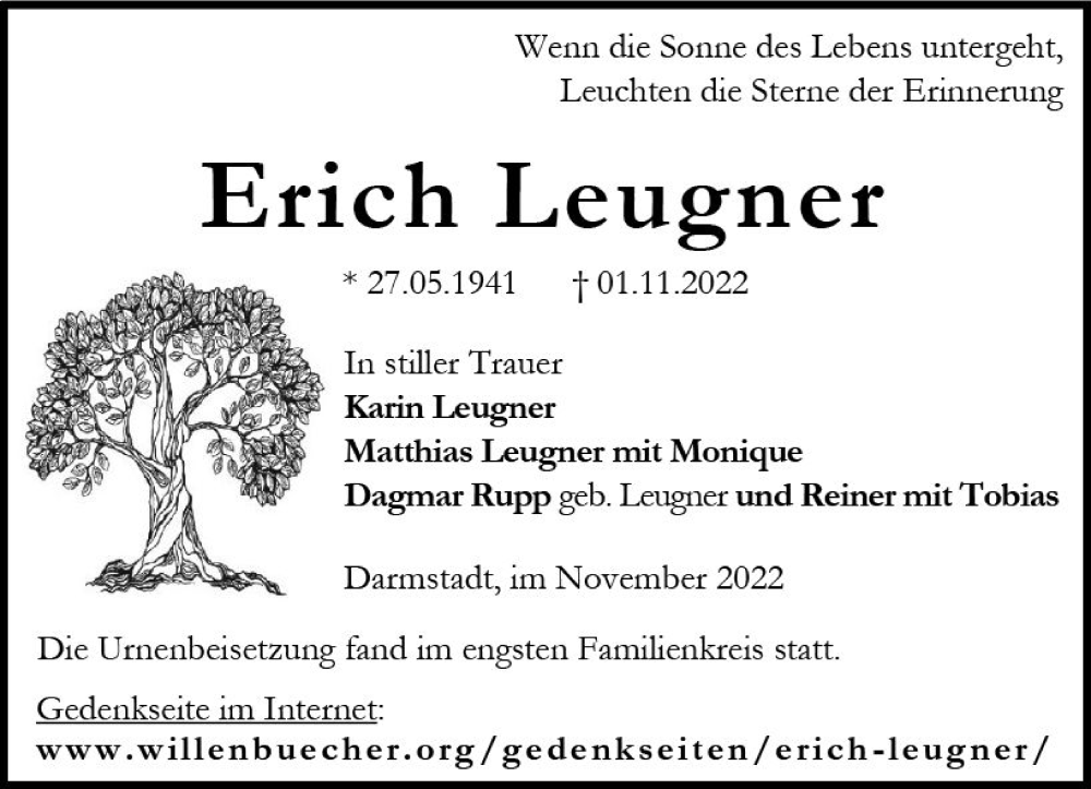  Traueranzeige für Erich Leugner vom 26.11.2022 aus vrm-trauer Darmstädter Echo