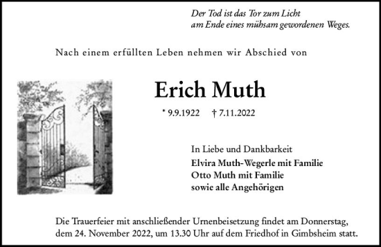Traueranzeige von Erich Muth von vrm-trauer Wormser Zeitung