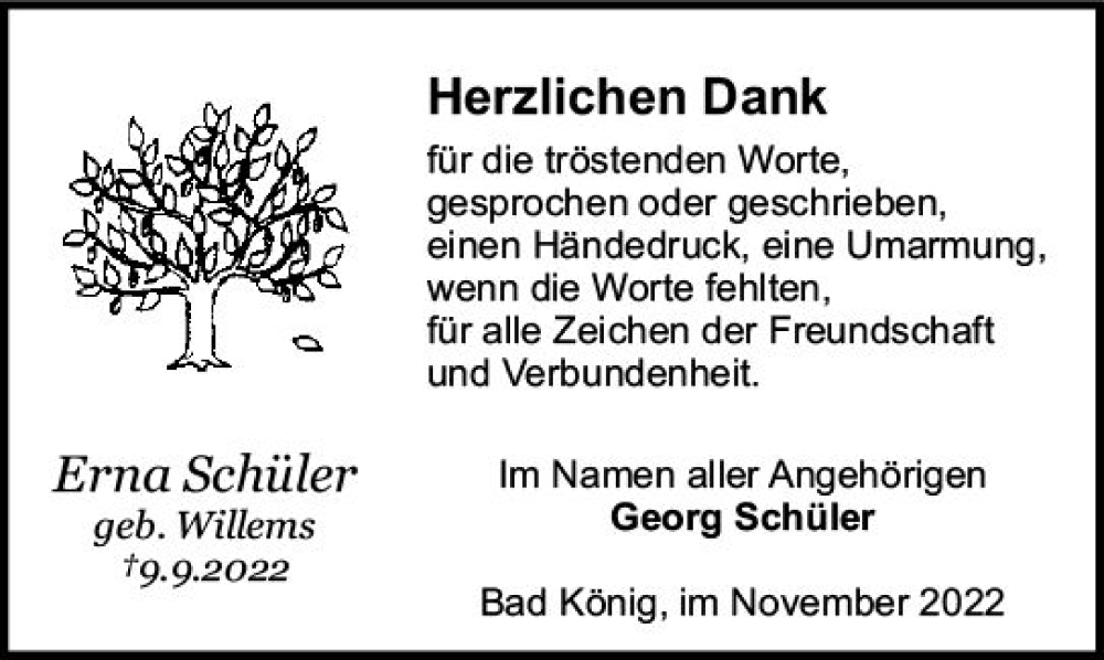  Traueranzeige für Erna Schüler vom 12.11.2022 aus vrm-trauer Odenwälder Echo