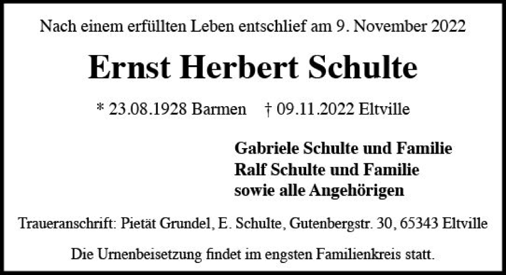  Traueranzeige für Ernst Herbert Schulte vom 19.11.2022 aus vrm-trauer Wiesbadener Kurier