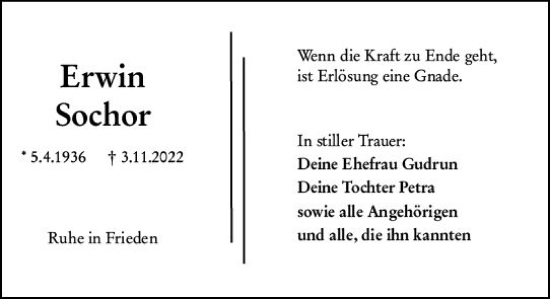 Traueranzeige von Erwin Sochor von vrm-trauer Wiesbadener Kurier