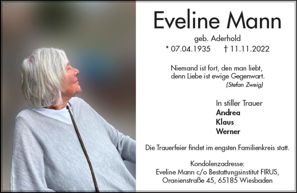  Traueranzeige für Eveline Mann vom 19.11.2022 aus vrm-trauer Wiesbadener Kurier