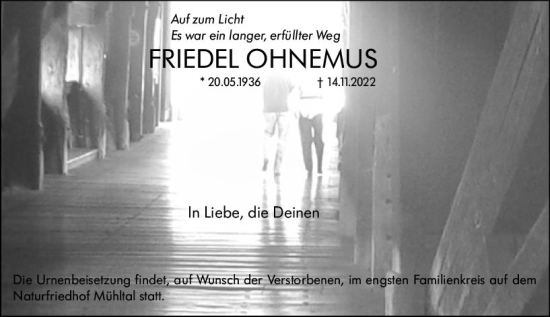 Traueranzeige von Friedel Ohnemus von vrm-trauer Darmstädter Echo