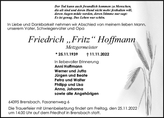 Traueranzeige von Friedrich Hoffmann von vrm-trauer Odenwälder Echo