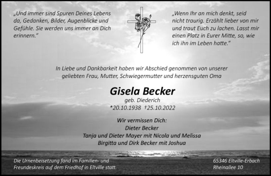 Traueranzeige von Gisela Becker von vrm-trauer Rheingau