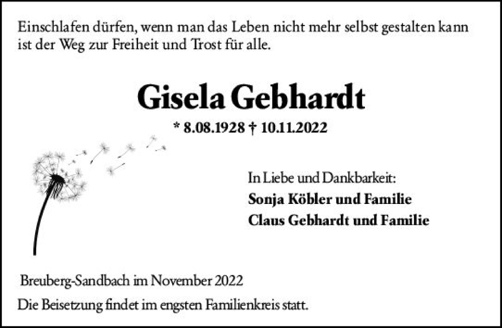  Traueranzeige für Gisela Gebhardt vom 19.11.2022 aus vrm-trauer Odenwälder Echo