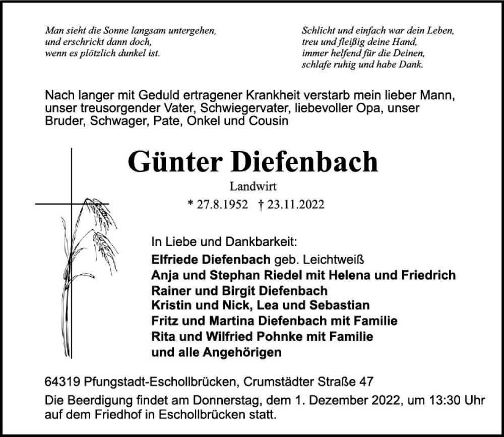  Traueranzeige für Günter Diefenbach vom 26.11.2022 aus vrm-trauer Darmstädter Echo