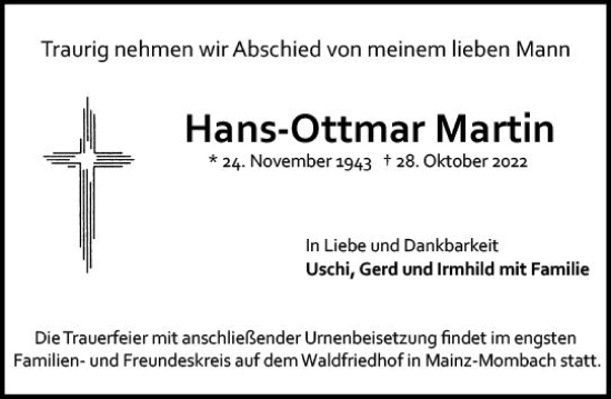 Traueranzeige von Hans-Ottmar Martin von vrm-trauer AZ Mainz