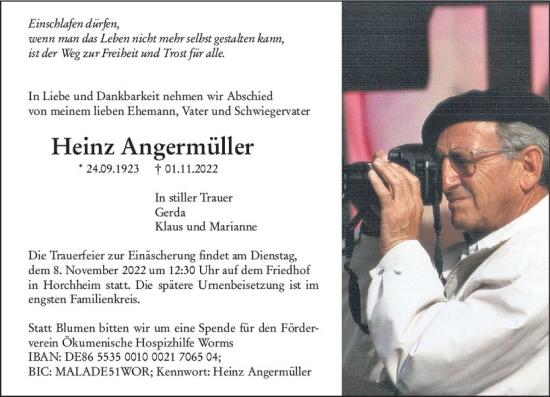 Traueranzeige von Heinz Angermüller von vrm-trauer Wormser Zeitung