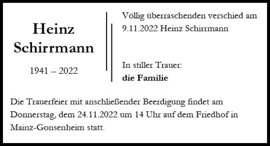 Traueranzeige von Heinz Schirrmann von vrm-trauer AZ Mainz