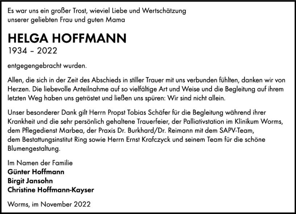  Traueranzeige für Helga Hoffmann vom 05.11.2022 aus vrm-trauer Wormser Zeitung