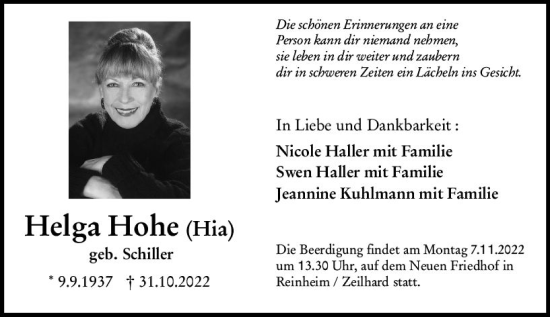 Traueranzeige von Helga Hohe von vrm-trauer Darmstädter Echo