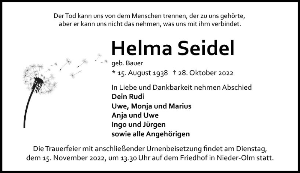  Traueranzeige für Helma Seidel vom 12.11.2022 aus vrm-trauer AZ Mainz