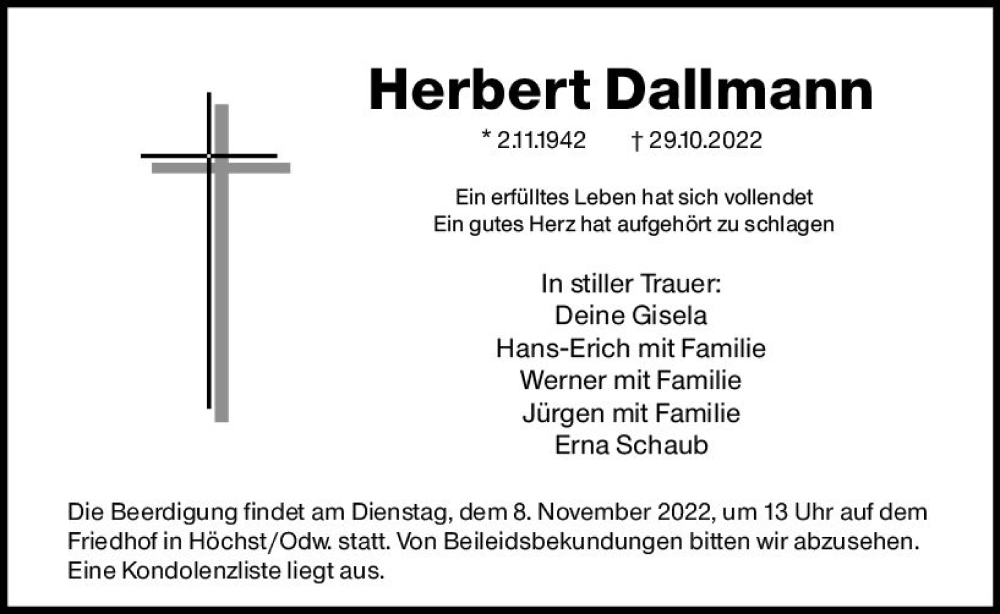  Traueranzeige für Herbert Dallmann vom 05.11.2022 aus vrm-trauer Odenwälder Echo