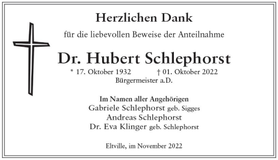 Traueranzeige von Hubert Schlephorst von vrm-trauer Wiesbadener Kurier