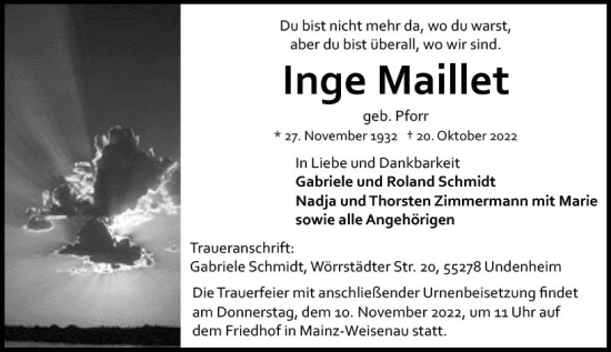 Traueranzeige von Inge Maillet von vrm-trauer AZ Mainz