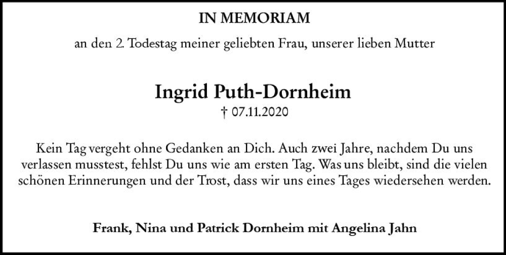  Traueranzeige für Ingrid Puth-Dornheim vom 05.11.2022 aus vrm-trauer AZ Mainz