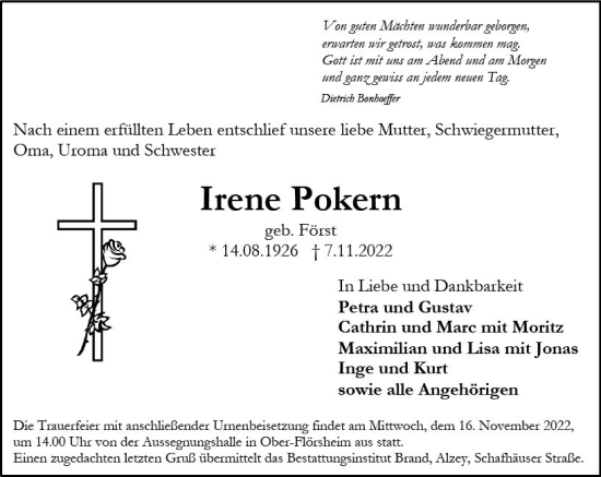 Traueranzeige von Irene Pokern von vrm-trauer Allgemeine Zeitung Alzey