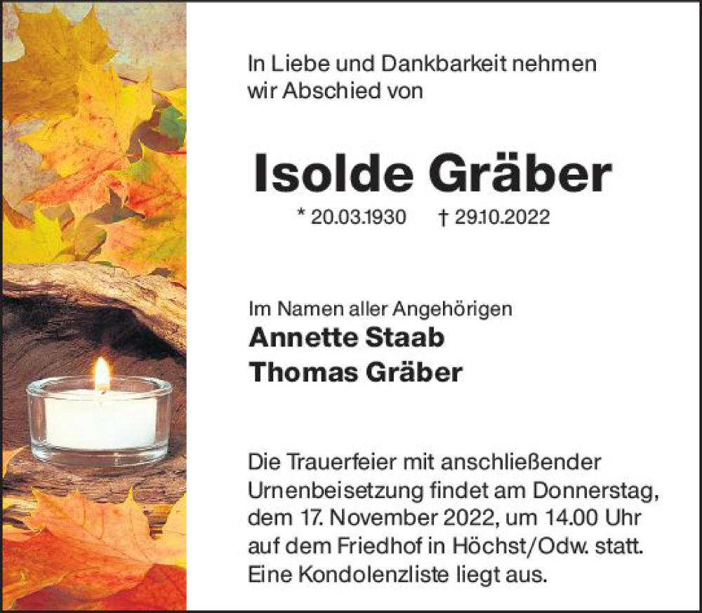  Traueranzeige für Isolde Gräber vom 12.11.2022 aus vrm-trauer Odenwälder Echo