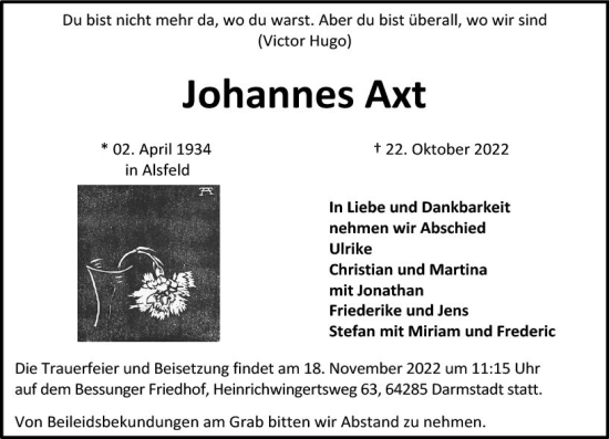 Traueranzeige von Johannes Axt von vrm-trauer Darmstädter Echo