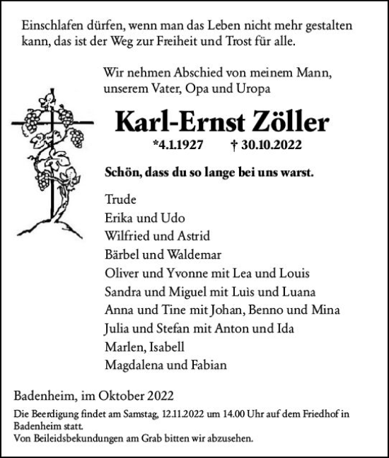 Traueranzeige von Karl-Ernst Zöller von vrm-trauer Allg. Zeitung Bad Kreuznach