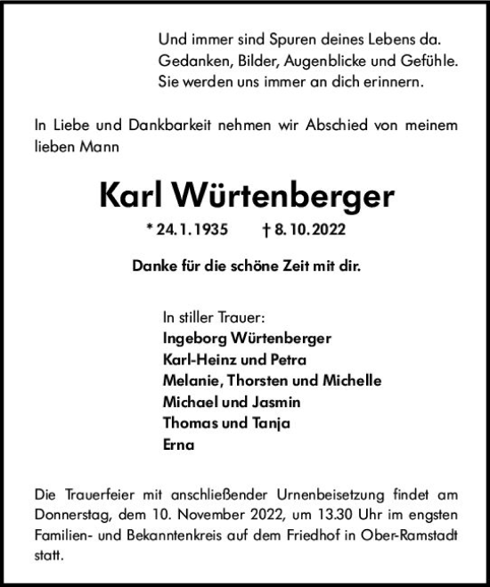 Traueranzeige von Karl Würtenberger von vrm-trauer Darmstädter Echo