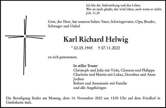Traueranzeige von Karl Richard Helwig von vrm-trauer Wormser Zeitung