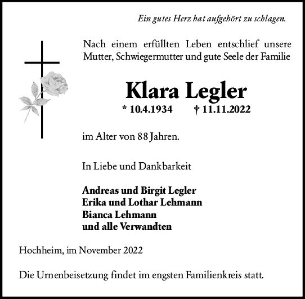  Traueranzeige für Klara Legler vom 18.11.2022 aus vrm-trauer Hochheimer Zeitung