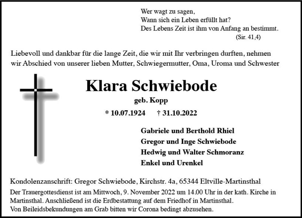  Traueranzeige für Klara Schwiebode vom 05.11.2022 aus vrm-trauer Wiesbadener Kurier