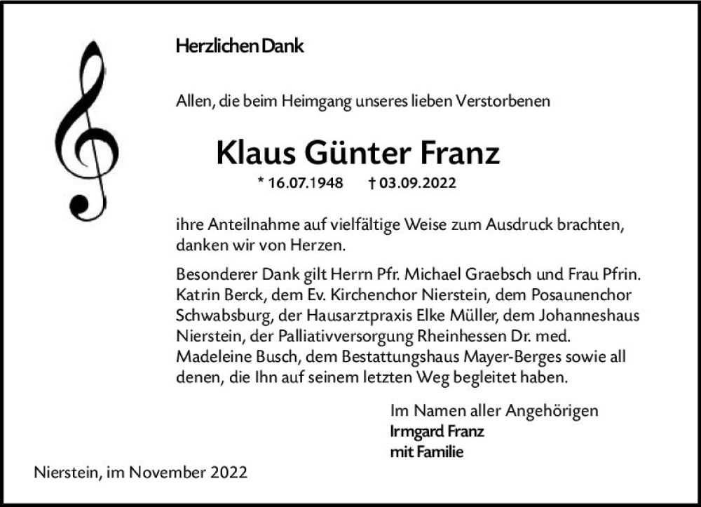  Traueranzeige für Klaus Günter Franz vom 12.11.2022 aus vrm-trauer AZ Mainz