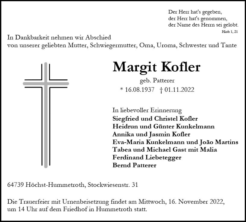  Traueranzeige für Margit Kofler vom 05.11.2022 aus vrm-trauer Odenwälder Echo