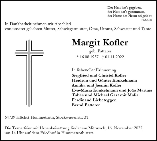 Traueranzeige von Margit Kofler von vrm-trauer Odenwälder Echo