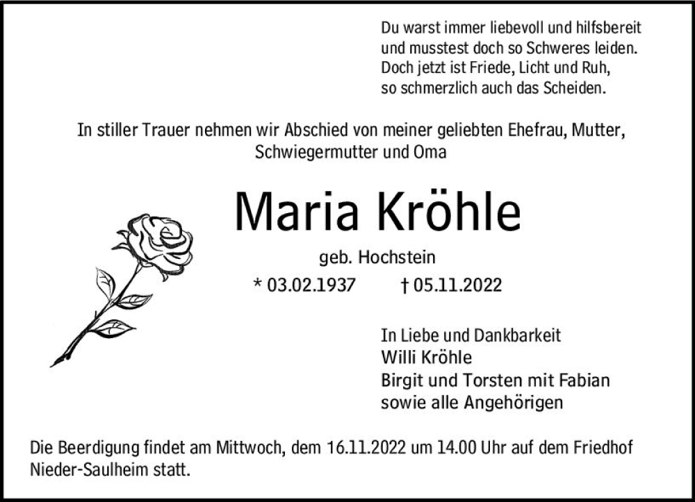  Traueranzeige für Maria Kröhle vom 12.11.2022 aus vrm-trauer Allgemeine Zeitung Alzey