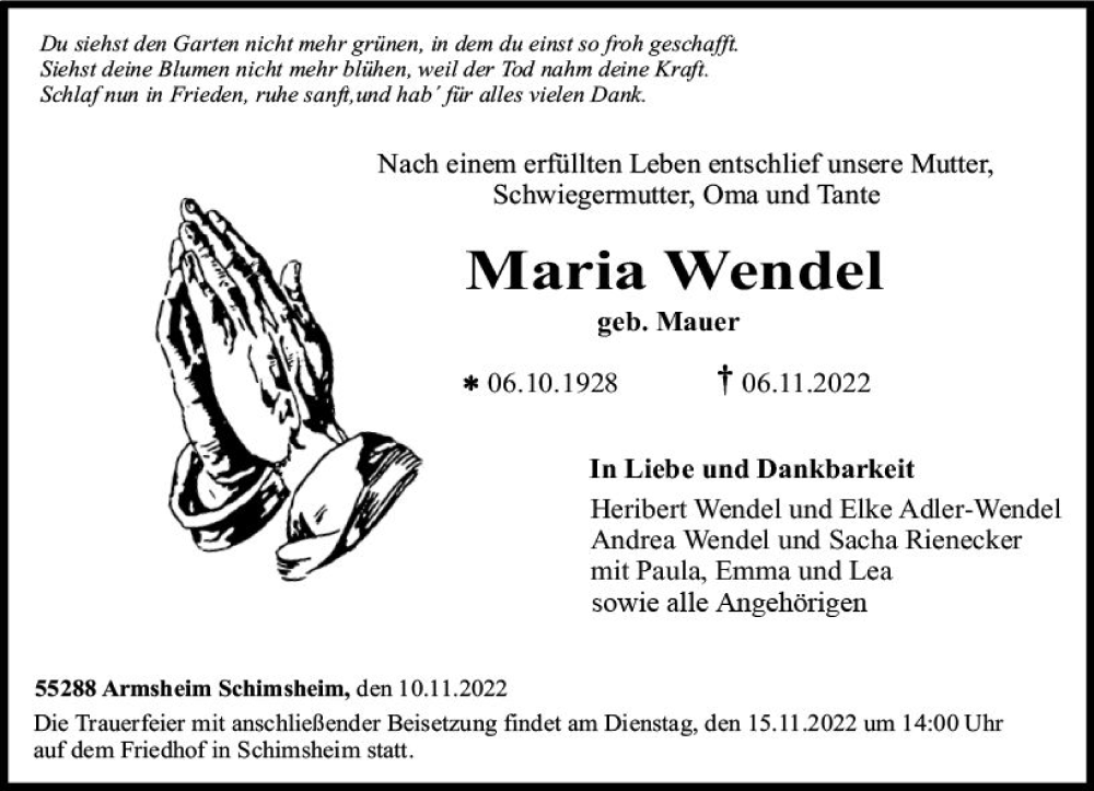  Traueranzeige für Maria Wendel vom 10.11.2022 aus vrm-trauer Allgemeine Zeitung Alzey
