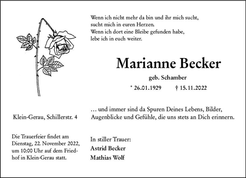  Traueranzeige für Marianne Becker vom 19.11.2022 aus vrm-trauer Groß-Gerauer Echo