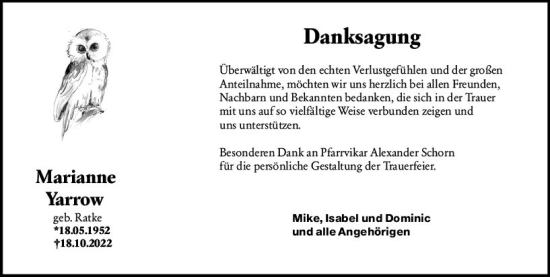 Traueranzeige von Marianne Yarrow von vrm-trauer AZ Mainz