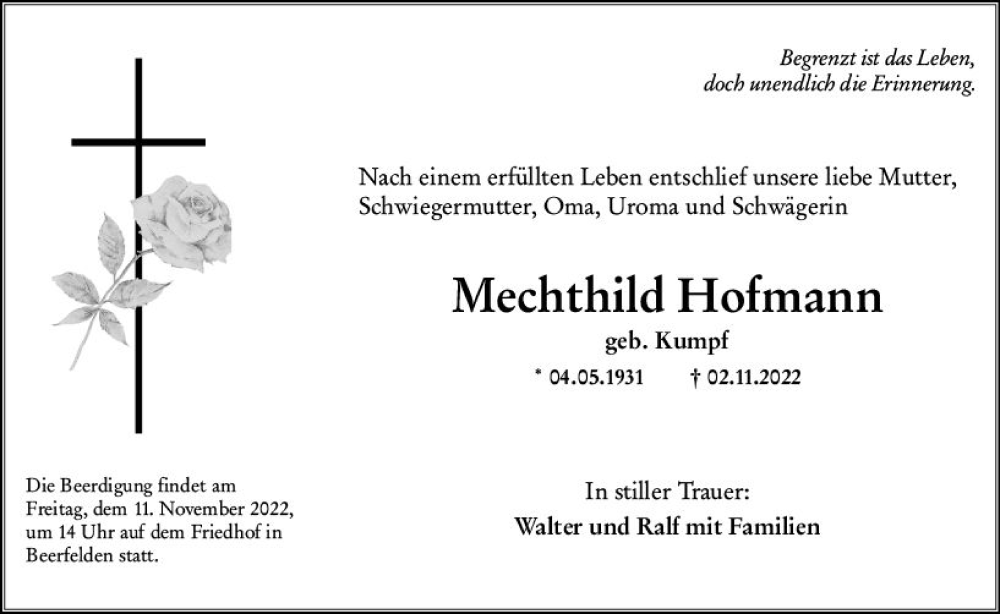  Traueranzeige für Mechthild Hofmann vom 09.11.2022 aus vrm-trauer Odenwälder Echo