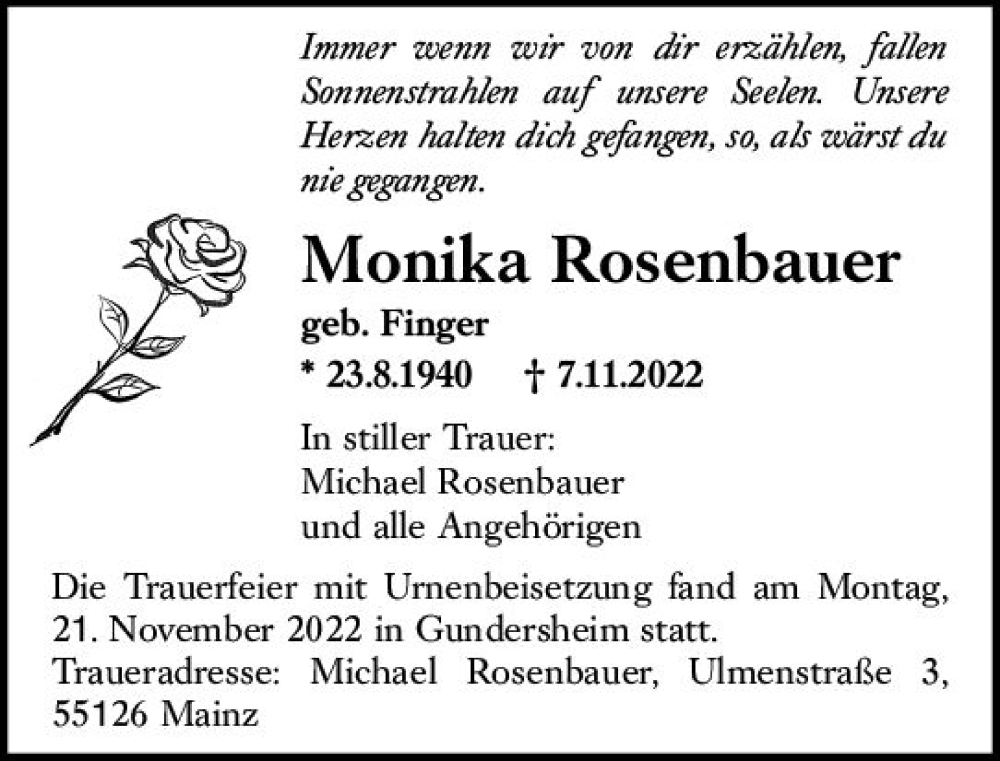 Traueranzeige für Monika Rosenbauer vom 26.11.2022 aus vrm-trauer AZ Mainz