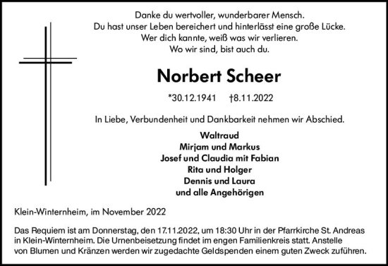 Traueranzeige von Norbert Scheer von vrm-trauer AZ Mainz