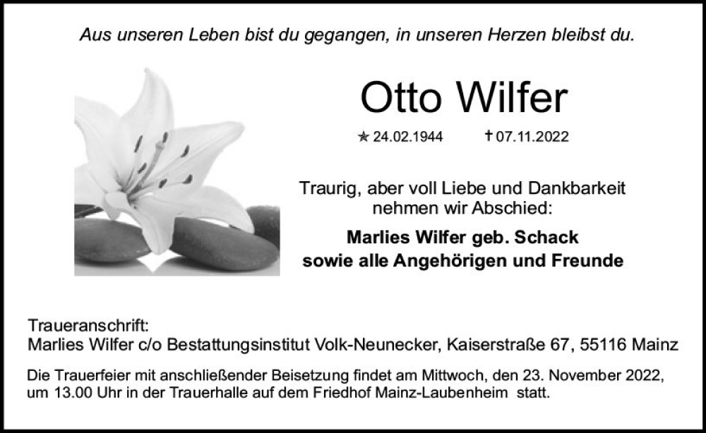  Traueranzeige für Otto Wilfer vom 19.11.2022 aus vrm-trauer AZ Mainz