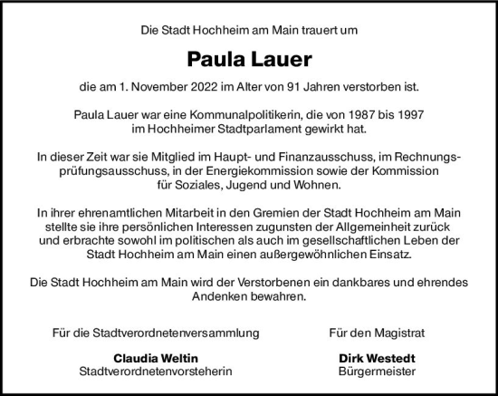Traueranzeige von Paula Lauer von vrm-trauer Hochheimer Zeitung