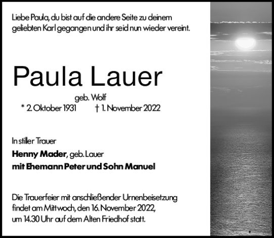 Traueranzeige von Paula Lauer von vrm-trauer Hochheimer Zeitung