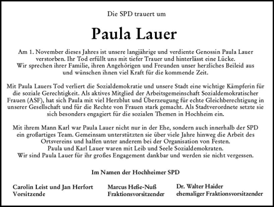 Traueranzeige von Paula Lauer von vrm-trauer Hochheimer Zeitung