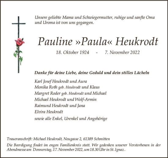 Traueranzeige von Pauline  Heukrodt von vrm-trauer AZ Mainz