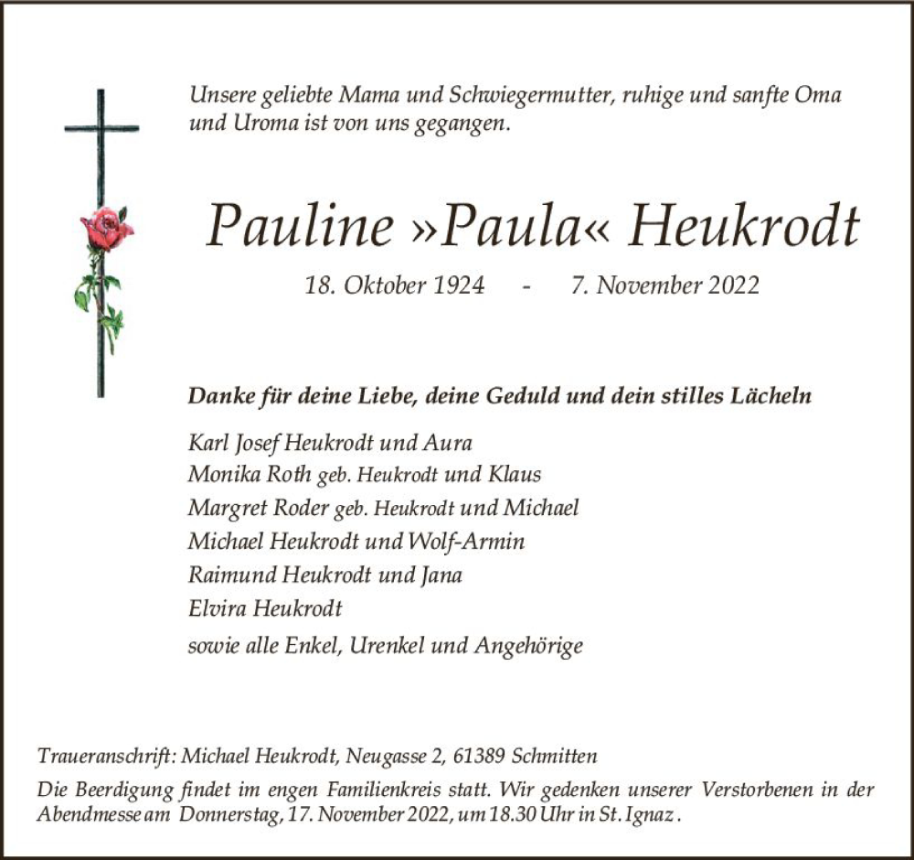 Traueranzeige für Pauline  Heukrodt vom 12.11.2022 aus vrm-trauer AZ Mainz