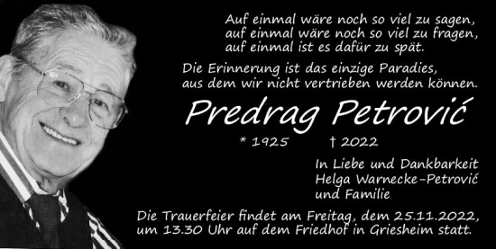 Traueranzeige von Predrag Petrovic von vrm-trauer Darmstädter Echo