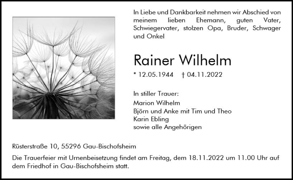  Traueranzeige für Rainer Wilhelm vom 12.11.2022 aus vrm-trauer AZ Mainz