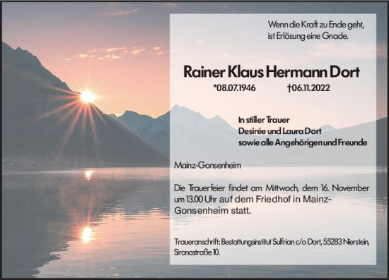 Traueranzeige von Rainer Klaus Hermann Dort von vrm-trauer AZ Mainz