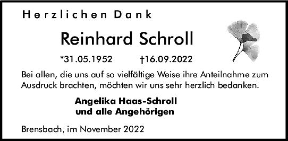  Traueranzeige für Reinhard Schroll vom 19.11.2022 aus vrm-trauer Odenwälder Echo