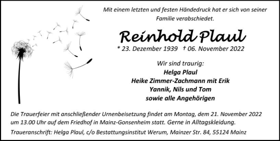 Traueranzeige von Reinhold Plaul von vrm-trauer AZ Mainz
